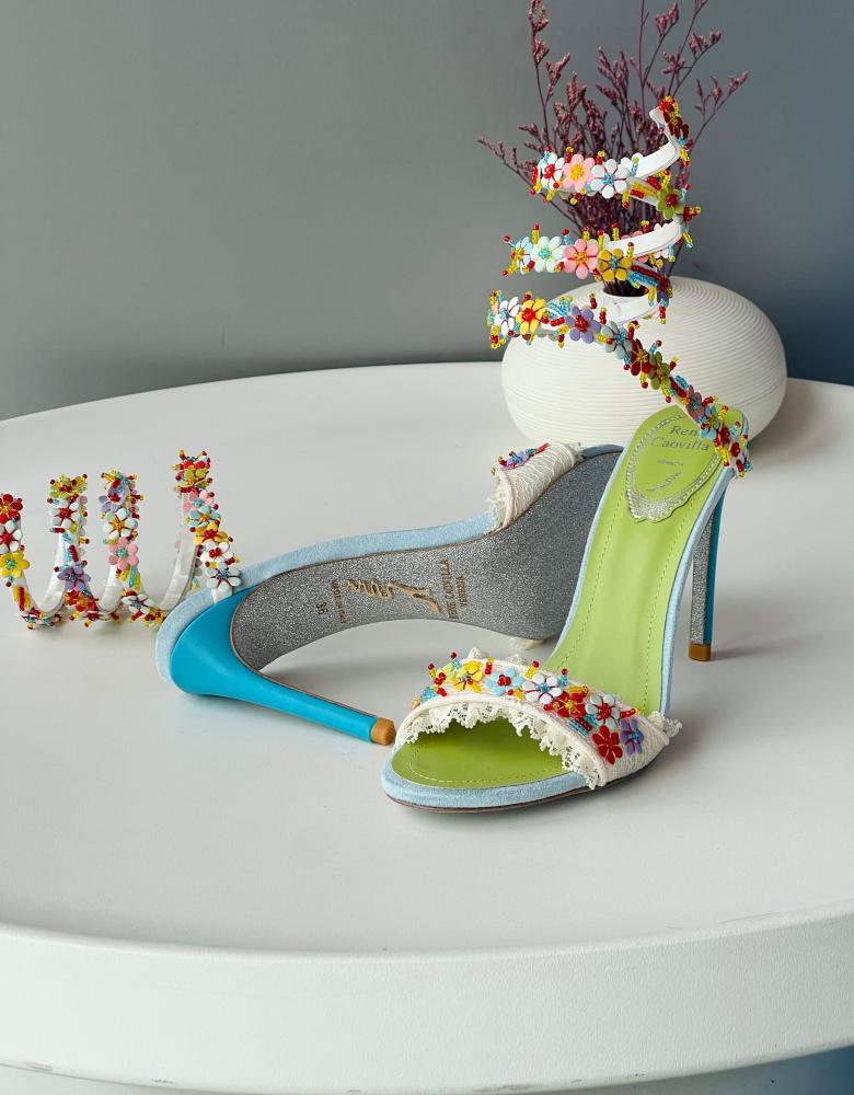 Rene Caovilla Floral Lace Ankle Wrap Heels