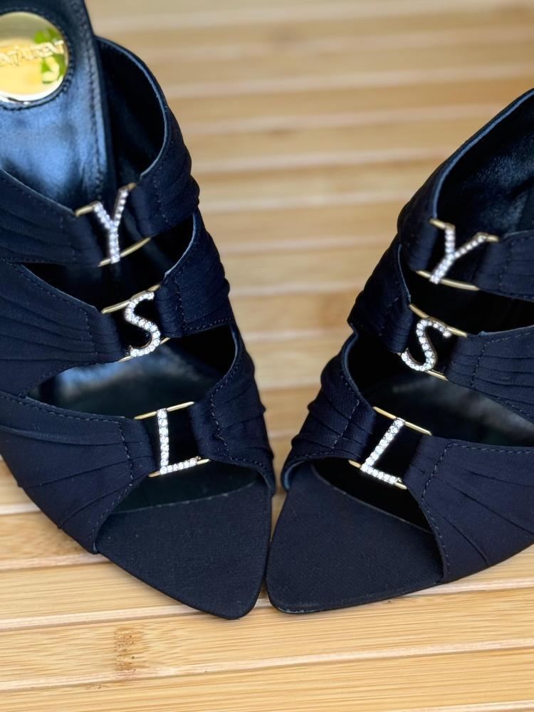 Saint Laurent Satin Crystal Strap Mule Heels