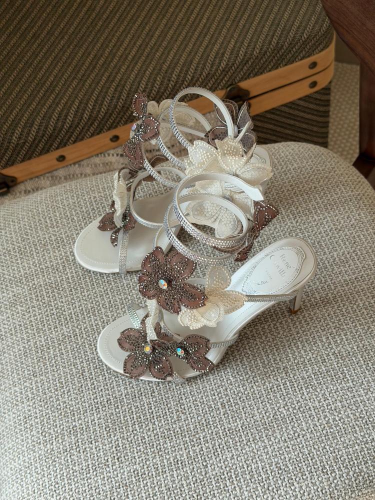 Rene Caovilla Floral Crystal High Heel Sandals