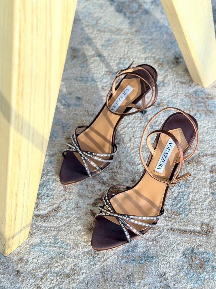 Aquazzura Crystal Strap Sandal Heels – Pink / Brown / Beige
