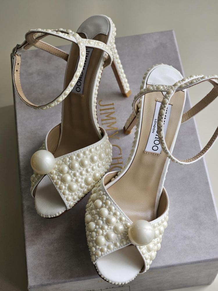 Jimmy Choo Pearl Embellished Open Toe Ankle Strap Heels – Ivory