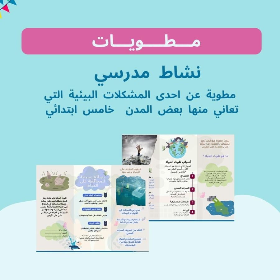 مطوية عن احدى المشكلات البيئية التي تعاني منها بعض المدن خامس ابتدائي