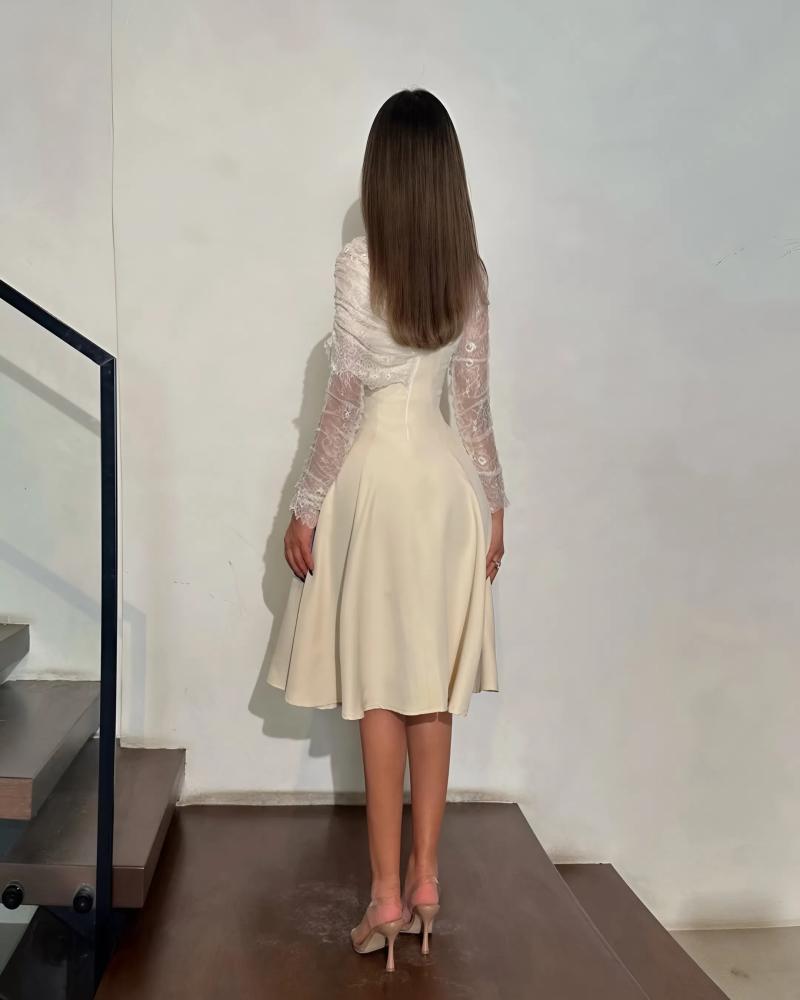 فستان ميدي بيج ناعم بأكمام دانتيل شفافة وتصميم أنثوي أنيق للعيد