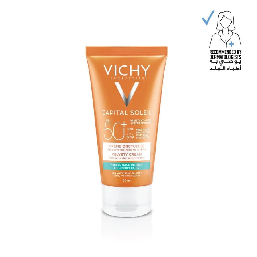 فيشى، واقي شمس، ايديال سوليال، كريم مخملي SPF 50، للبشرة العادية الى الجافة - 50 مل