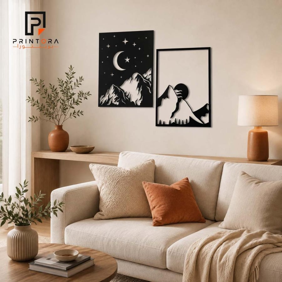 تفاصيل تصميم الجبال والقمر والنجوم في لوحات الأكريليك