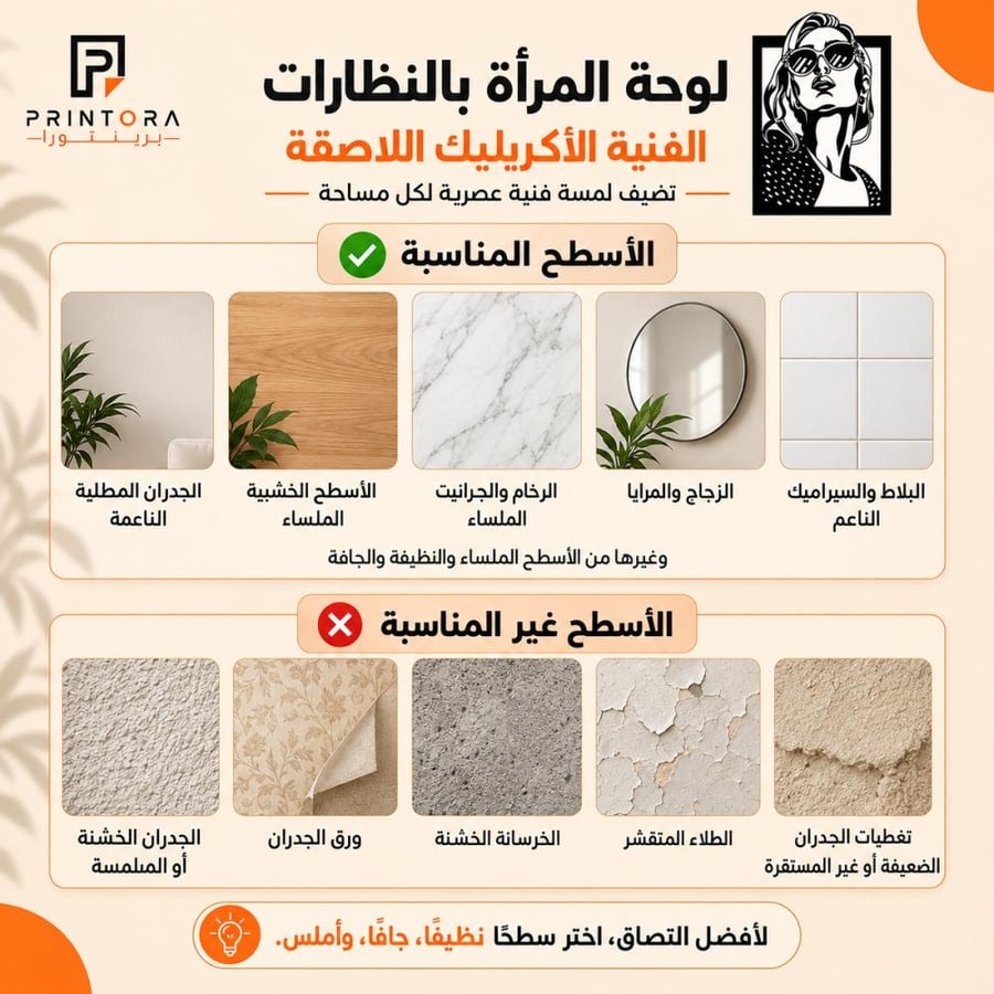 الأسطح المناسبة لتركيب لوحة المرأة بالنظارة