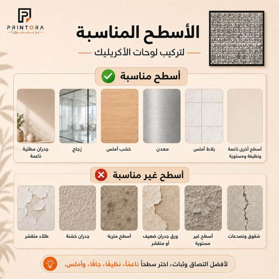 الأسطح المناسبة لتركيب لوحة أسماء الله الحسنى الأكريليك