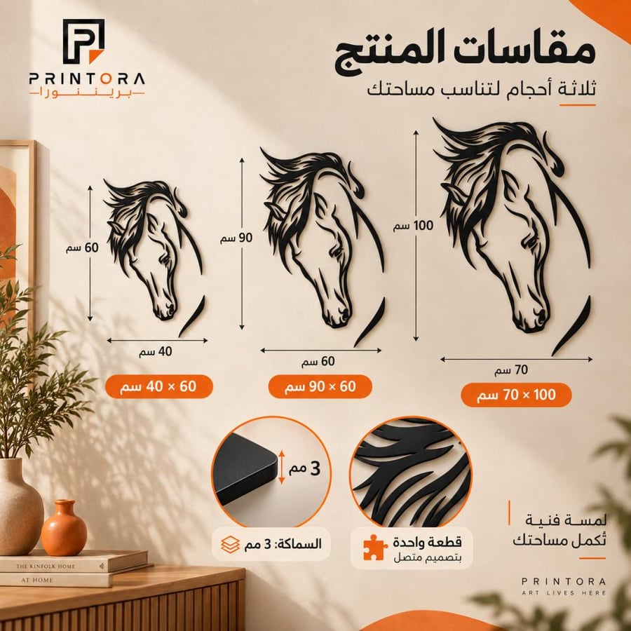 المقاسات المتوفرة للوحة رأس الحصان