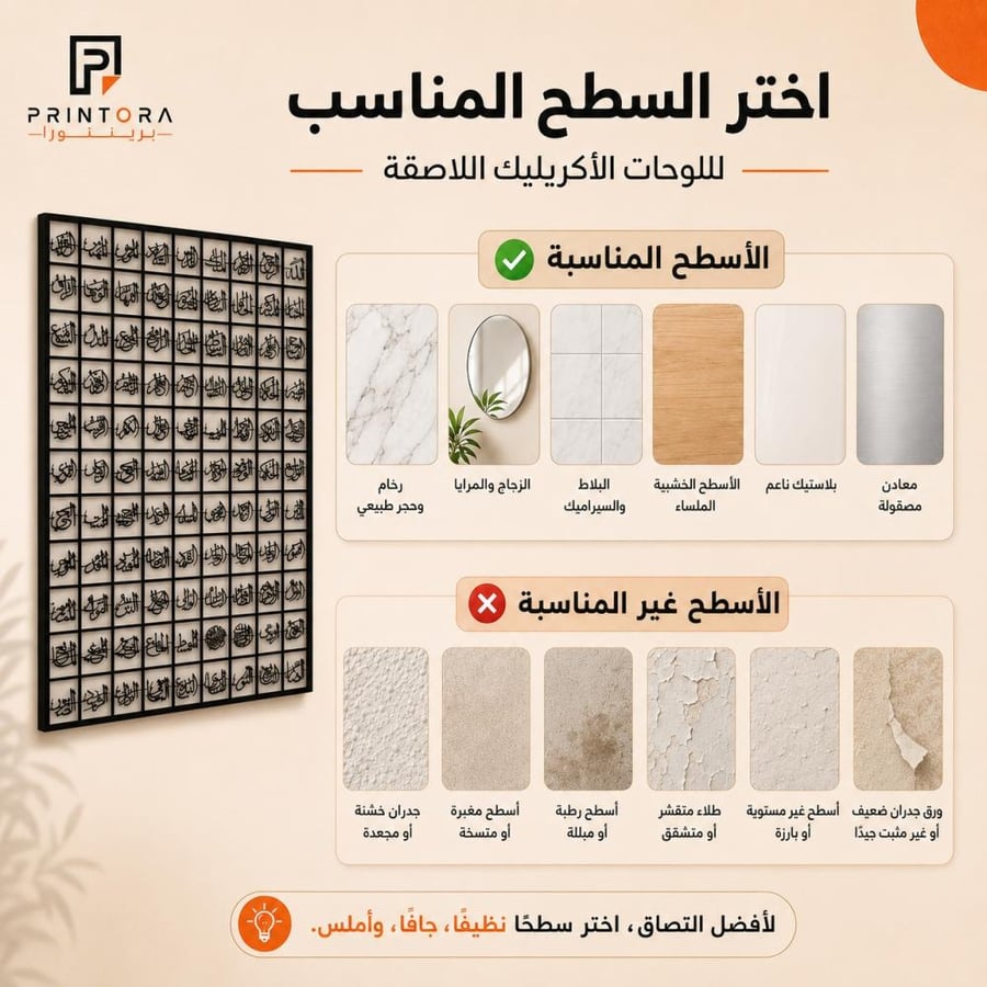 الأسطح المناسبة لتركيب لوحة أسماء الله الحسنى الأكريليك