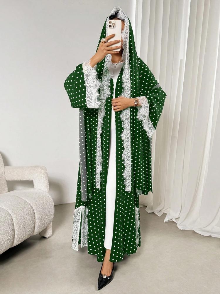 عباية نسائية سوداء بنقاط ودانتيل مع وشاح بتصميم فاخر