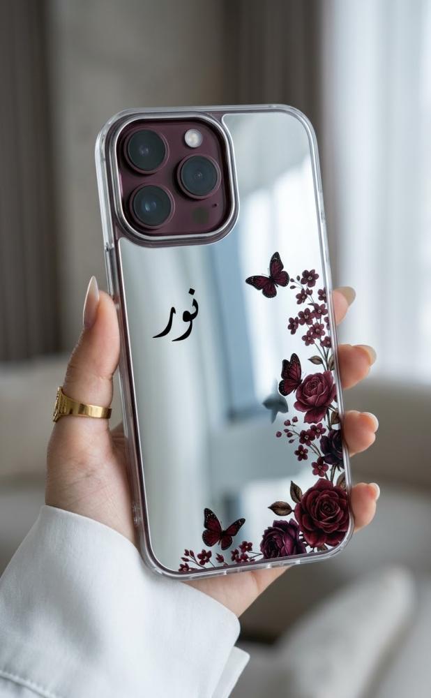 كفر آيفون المرآة بتصميم البرغندي الفاخر والاسم المخصص  اصنعي أسلوبك الخاص واجعلي هاتفك يتألق بفخامة استثنائية!