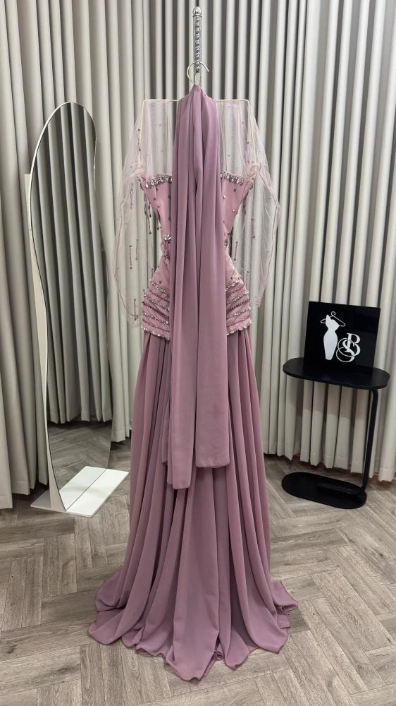 Elegant evening embroidered dress in beige