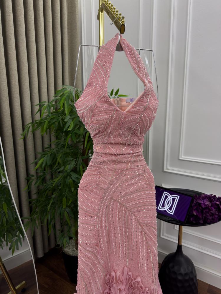 Luxurious evening embroidered dress in beige