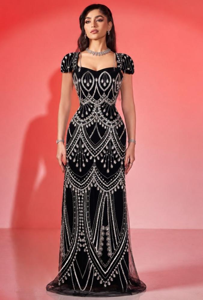 Elegant black embroidered evening dress