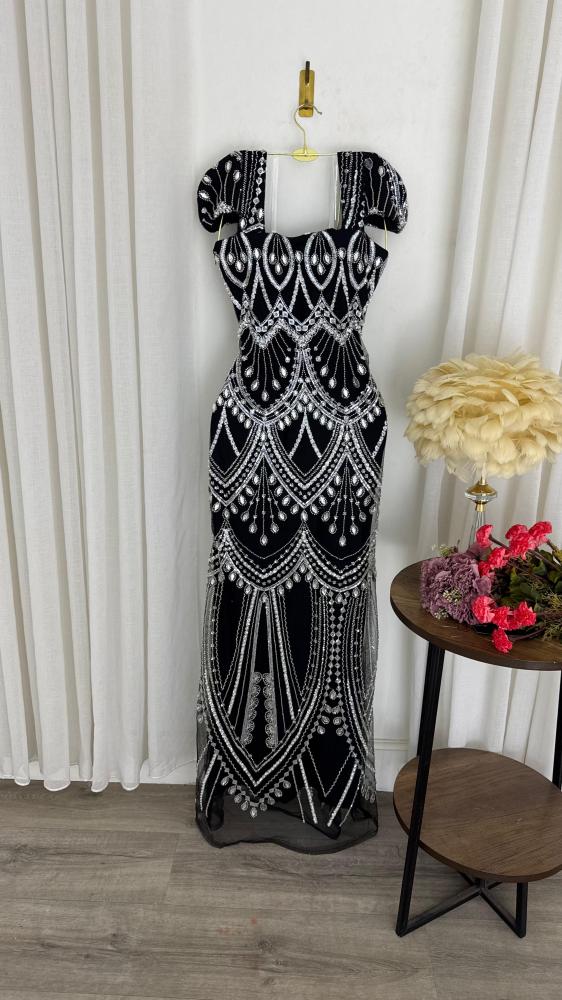 Elegant black embroidered evening dress