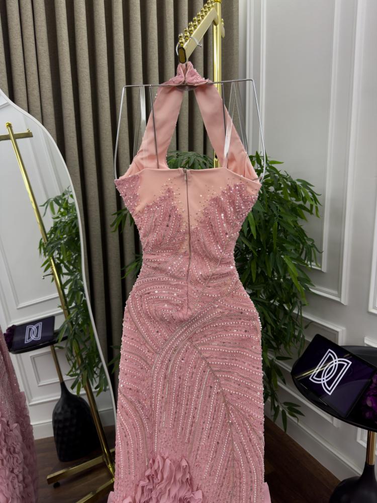 Luxurious evening embroidered dress in beige