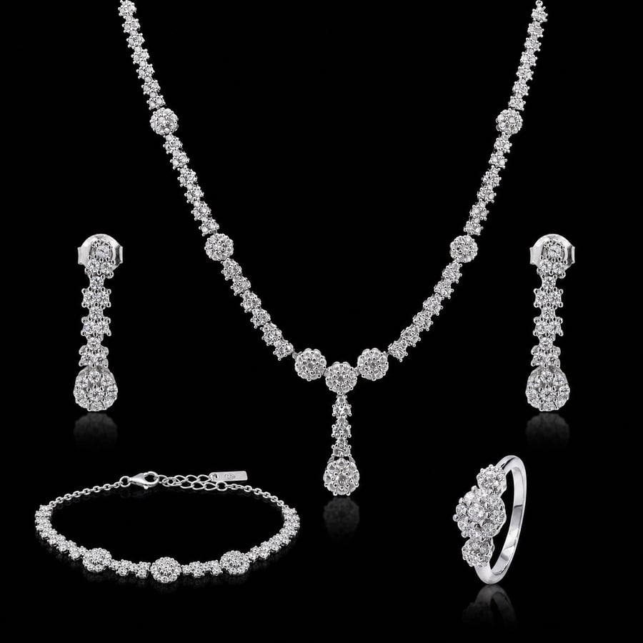 طقم فضة عيار 925 ( عقد - اقراط - سوارة - خاتم )