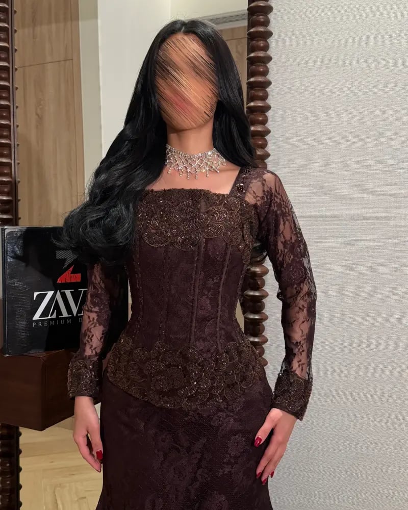 فستان سهرة بني دانتيل بكورسيه