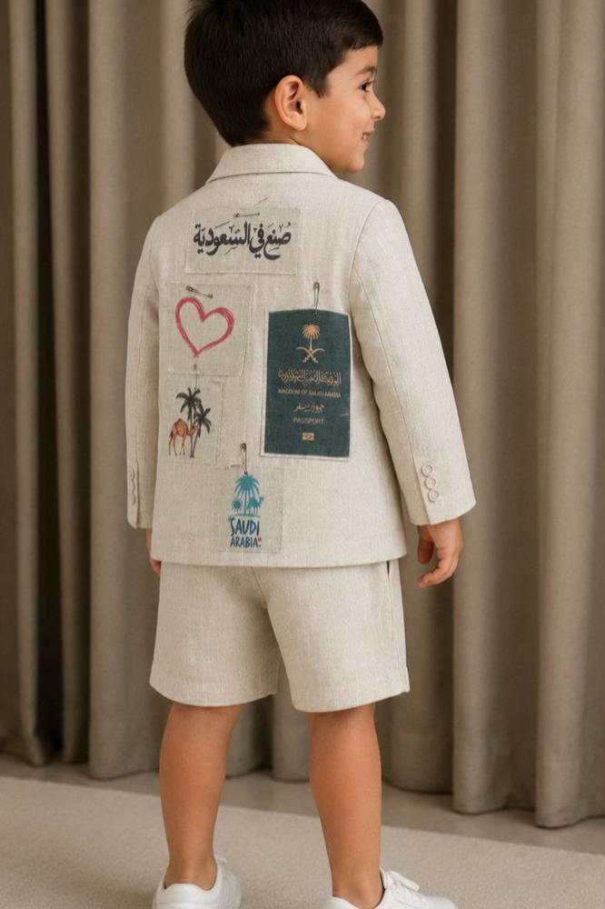طقم اطفال صنع في السعودية | جاكيت كتان + شورت  لليوم الوطني