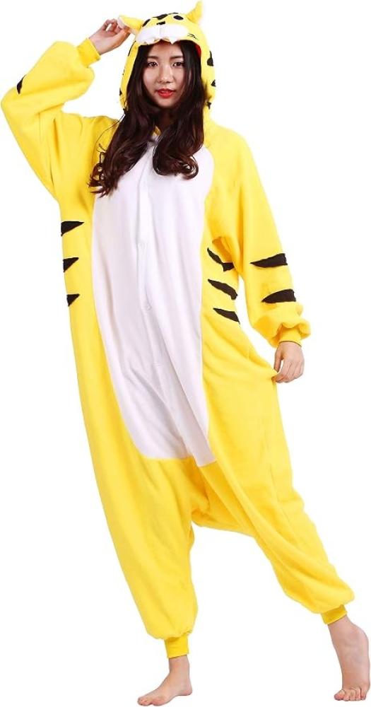 أفرول بيجاما النمر الأصفر الكيغورومي للكبار (Adult Yellow Tiger Kigurumi Onesie Pajamas) - خامة فليس دافئة بإغلاق أزرار أمامي