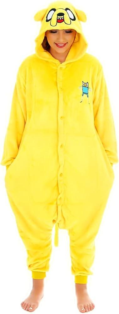 أفرول بيجاما الكلب جيك الكيغورومي (Adventure Time: Jake the Dog Kigurumi Onesie Pajamas) - خامة فلانيل دافئة بإغلاق أزرار وتطريز فين البشري