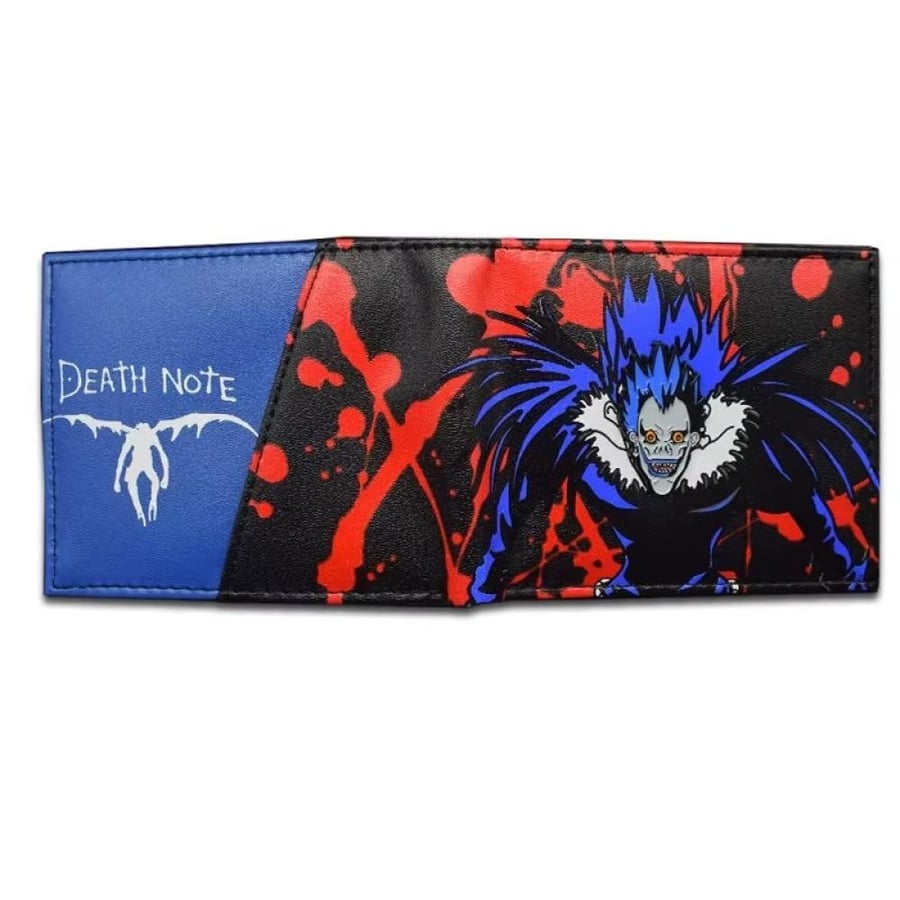 محفظة مذكرة الموت الجلدية بتصميم الشينيغامي ريوك (Death Note: Shinigami Ryuk Bifold Leather Wallet) - طباعة جرافيك دموية مع جيوب للبطاقات وسحاب نقود معدنية ونافذة للهوية