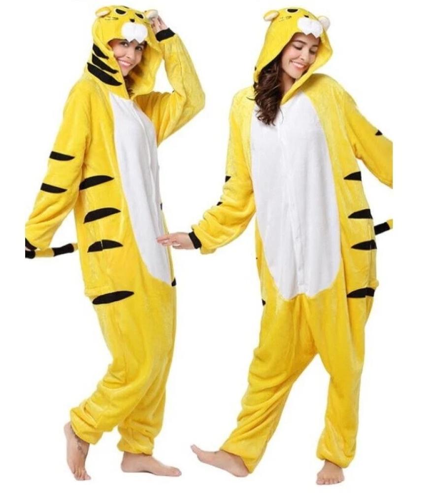أفرول بيجاما النمر الأصفر الكيغورومي للكبار (Adult Yellow Tiger Kigurumi Onesie Pajamas) - خامة فليس دافئة بإغلاق أزرار أمامي