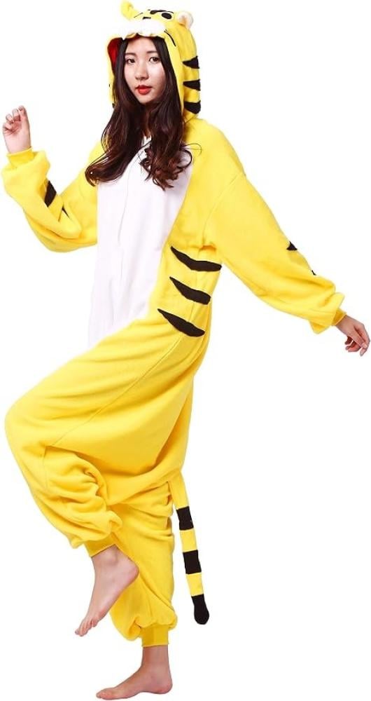 أفرول بيجاما النمر الأصفر الكيغورومي للكبار (Adult Yellow Tiger Kigurumi Onesie Pajamas) - خامة فليس دافئة بإغلاق أزرار أمامي