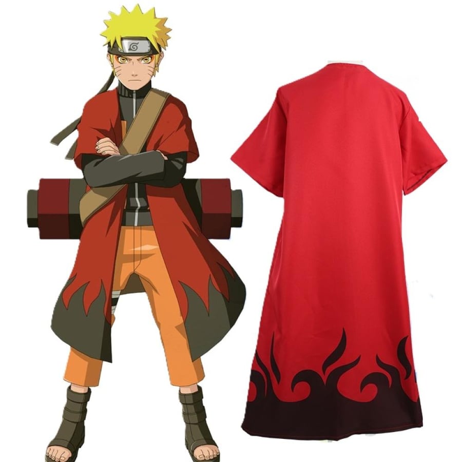 رداء ناروتو الهوكاجي الأحمر التنكري (Red Naruto Sage Mode / Hokage Cape Cloak) - عباءة الكوسبلاي التكتيكية بنقوش ألسنة اللهب السوداء والياقة القائمة