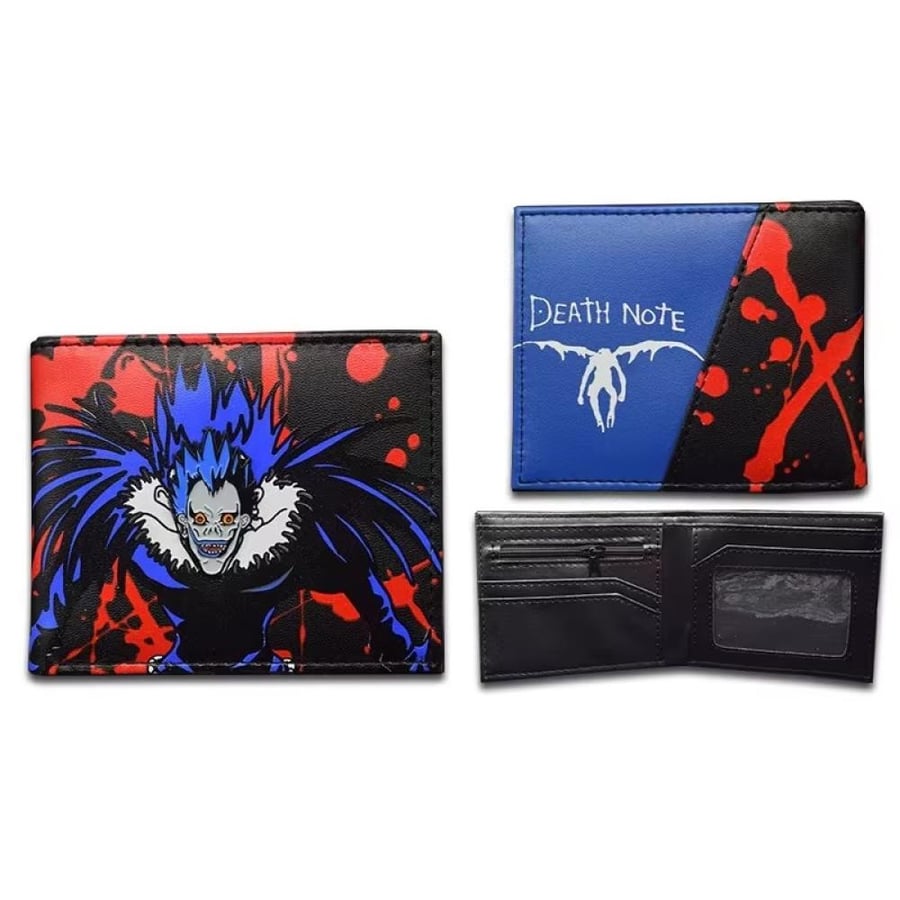 محفظة مذكرة الموت الجلدية بتصميم الشينيغامي ريوك (Death Note: Shinigami Ryuk Bifold Leather Wallet) - طباعة جرافيك دموية مع جيوب للبطاقات وسحاب نقود معدنية ونافذة للهوية