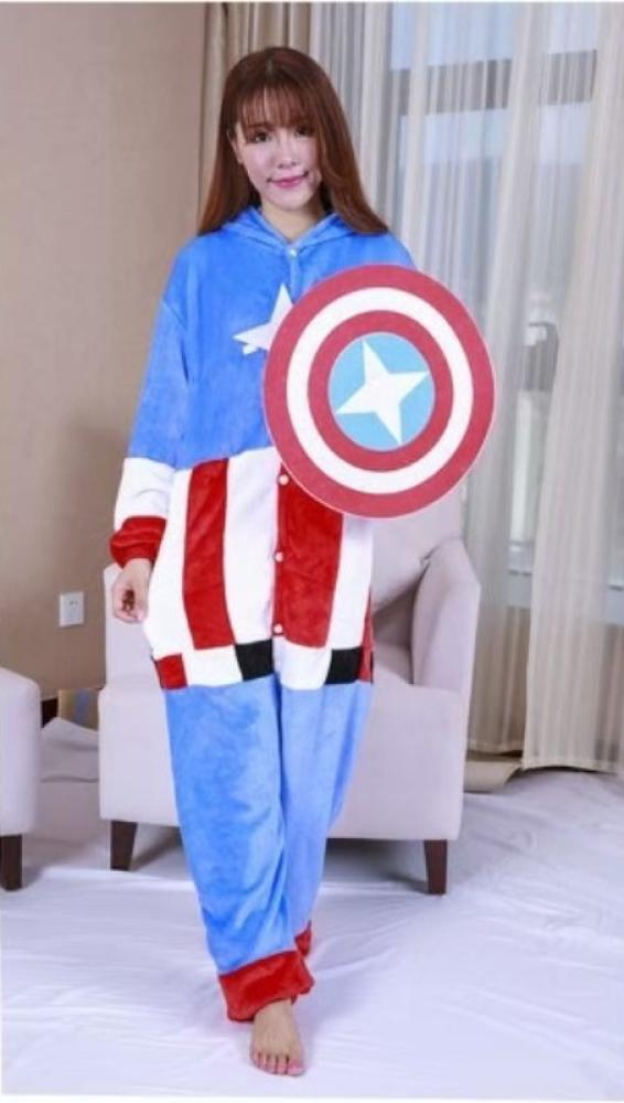 أفرول بيجاما كابتن أمريكا التنكري (Kigurumi Captain America Superhero Onesie) - قماش فلانيل فائق النعومة والدفء