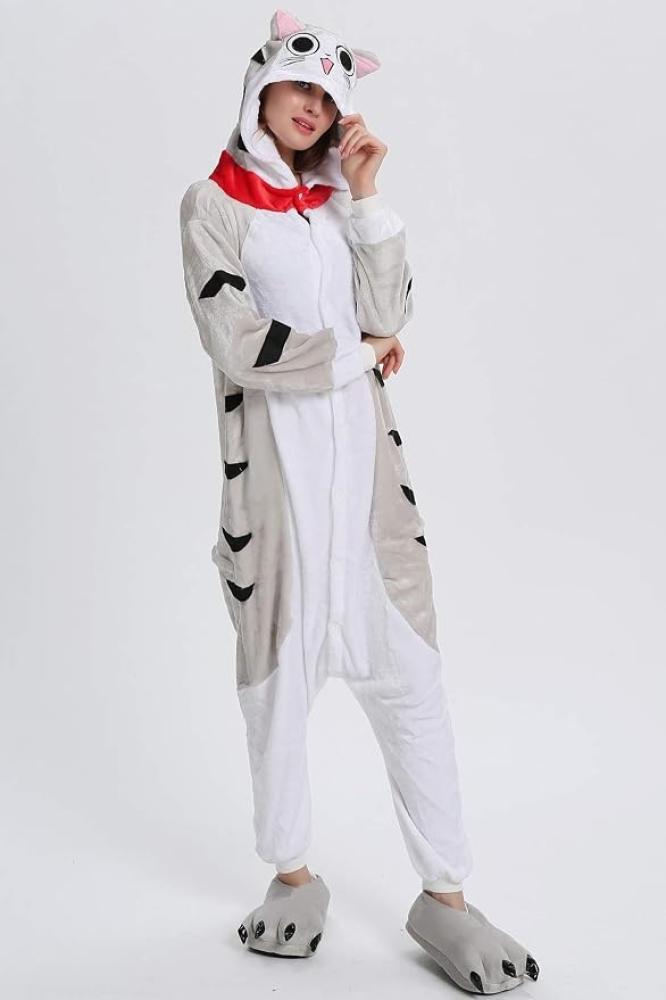 أفرول بيجاما القط الرمادي الكيغورومي (Adult Gray Cat Kigurumi Onesie Pajamas) - خامة فلانيل مخملية دافئة وتصميم كرتوني لطيف