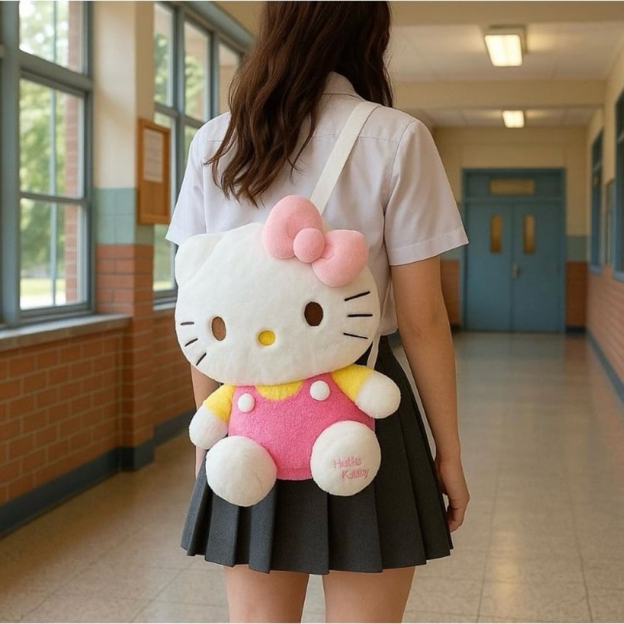 حقيبة ظهر هيلو كيتي الفروية المجسمة من سانريو (Sanrio: Hello Kitty Plush Backpack) - خامة قطيفة فائقة النعومة بالفيونكة الوردية والزي الكلاسيكي الملون