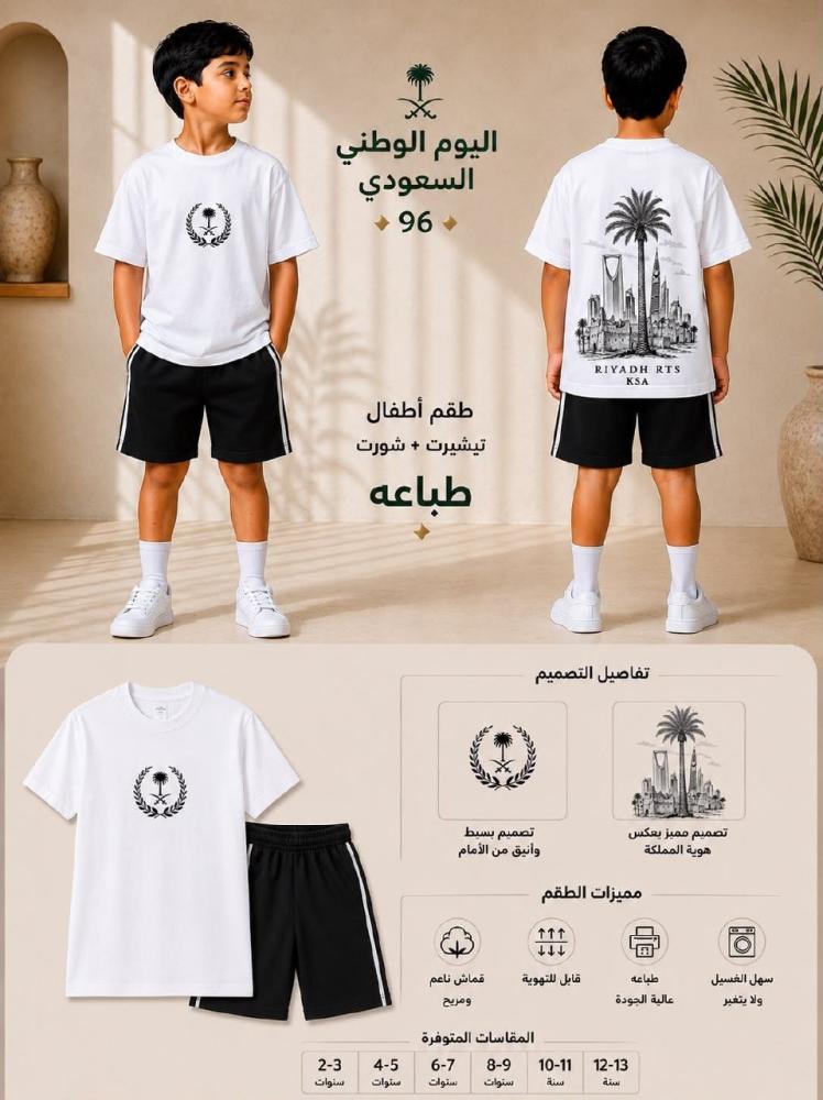 طقم تيشرت وشورت اليوم الوطني للأطفال بلون أبيض وأسود مع جدول المقاسات
