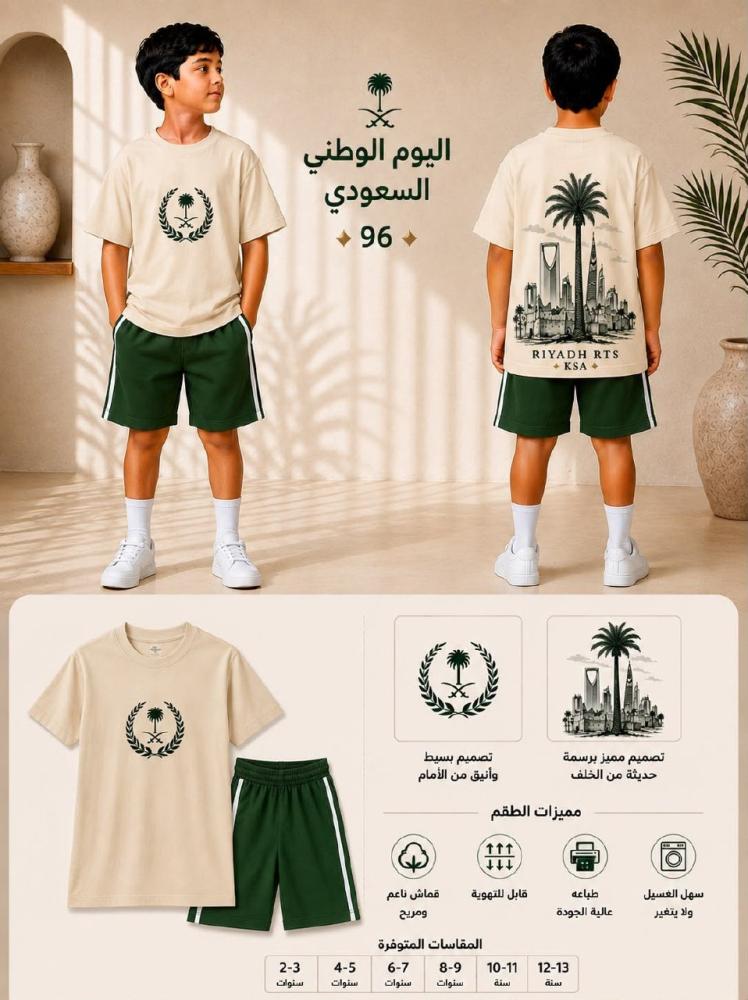 طقم تيشرت وشورت اليوم الوطني للأطفال بلون بيج وأخضر من الأمام والخلف