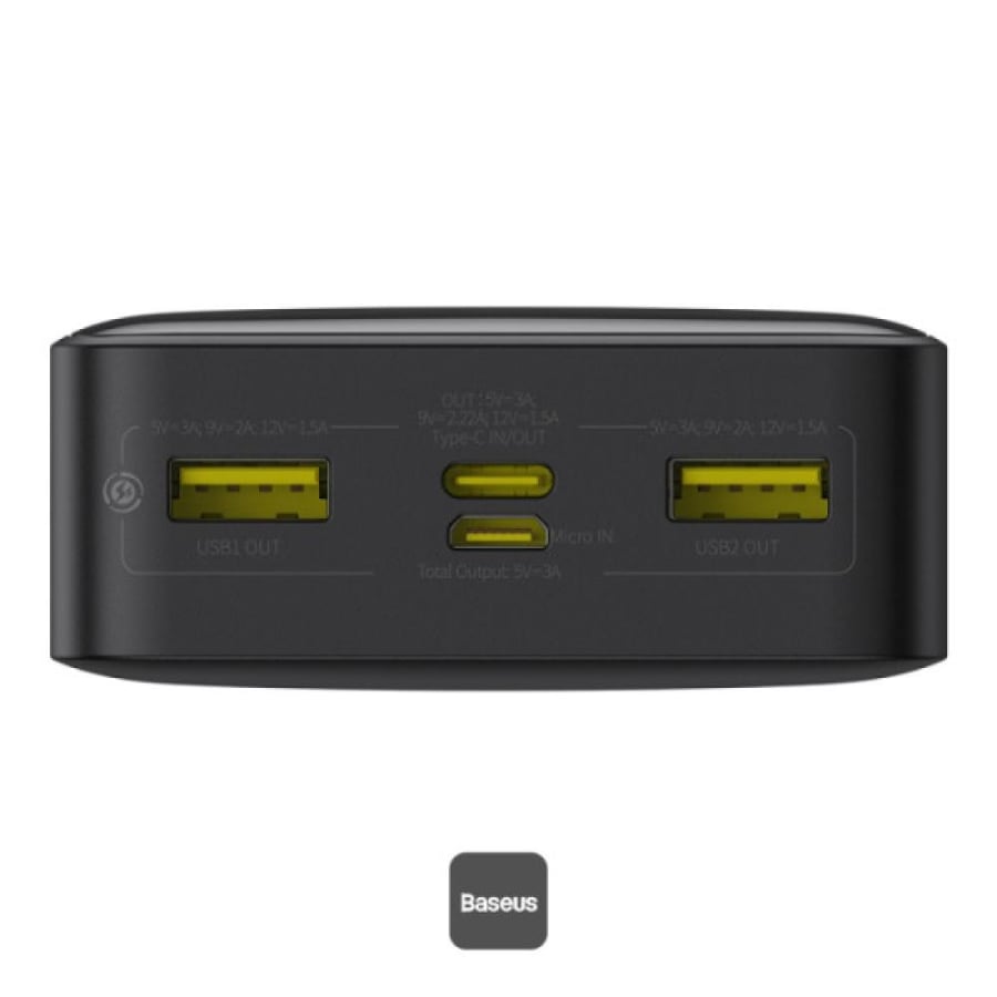 Baseus LiFePO4 18400mAh شاشة رقمية شحن سريع باور بانك 20 وات PD | 2 USB-A + Type-C + منفذ مايكرو - أسود