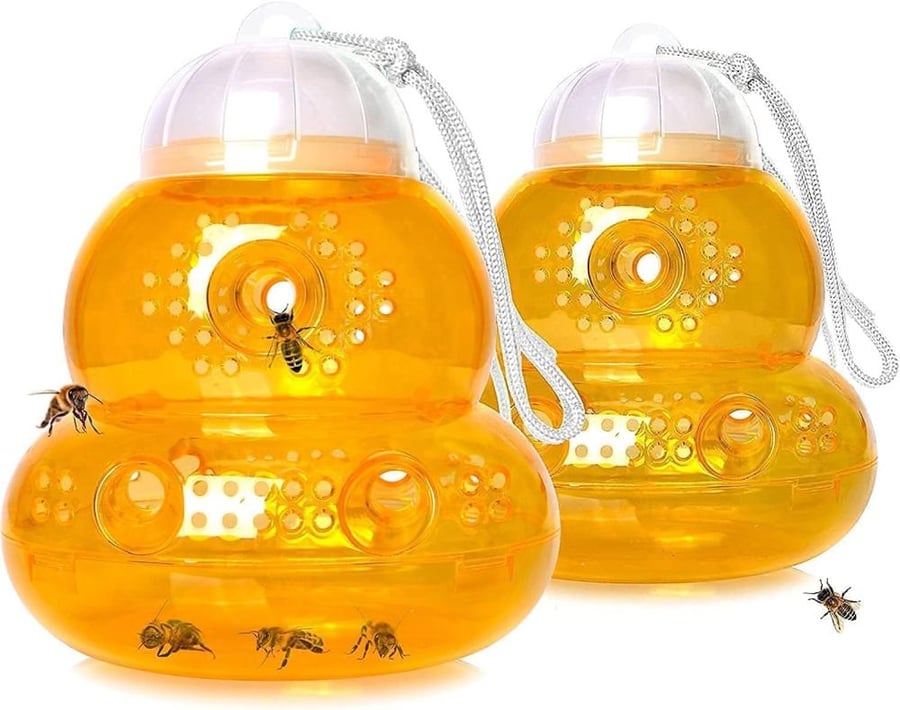 Fruit Fly Traps Outdoor, 2 Pack Hanging Fly Traps with Powerful Lure, Reusable Outdoor Fly Catcher for Fruit Trees, Vegetable Garden and Outdoor Spaces