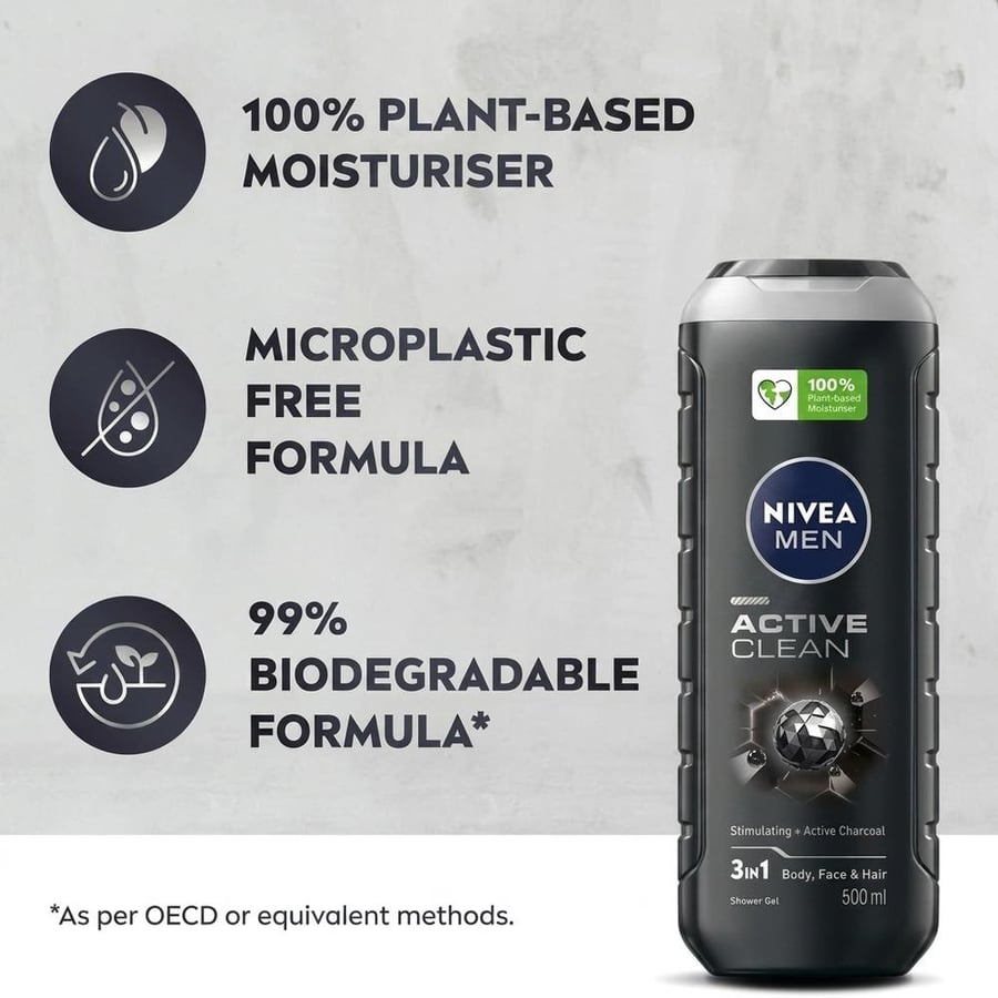Nivea Men Active Clean 3 in 1 Shower Gel for men, for cleaning the body, face, and hair, with activated charcoal, for pure and refreshed skin, for all skin types, 250ml