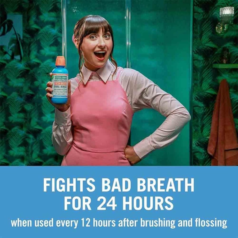 Alcohol-free mouthwash from The Breath Co – Icy Mint flavor – 12-hour freshness – 473 ml Therabreath The Breath Co Fresh Breath Dentist Formulated 24-Hour Oral Rinse, Icy Mint