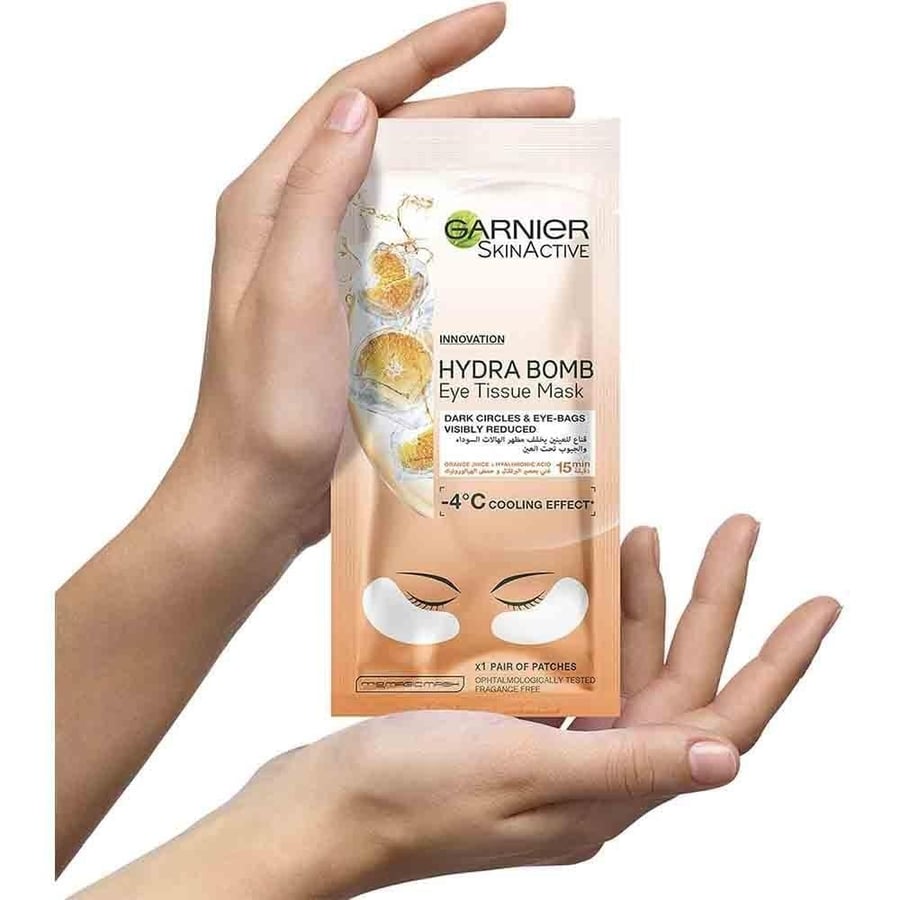 قناع ترطيب العين بالعصير البرتقالي المضاد للهالات السوداء من غارنييه، كل الأنواع البشره Garnier Skin Active Orange Juice Hydrating Eye Tissue Mask