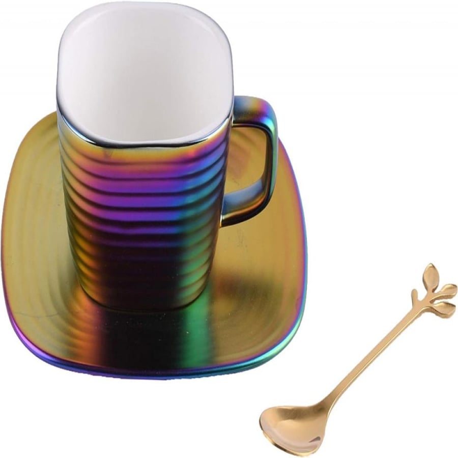 A set of ceramic cups and plates with a spoon in multiple colors