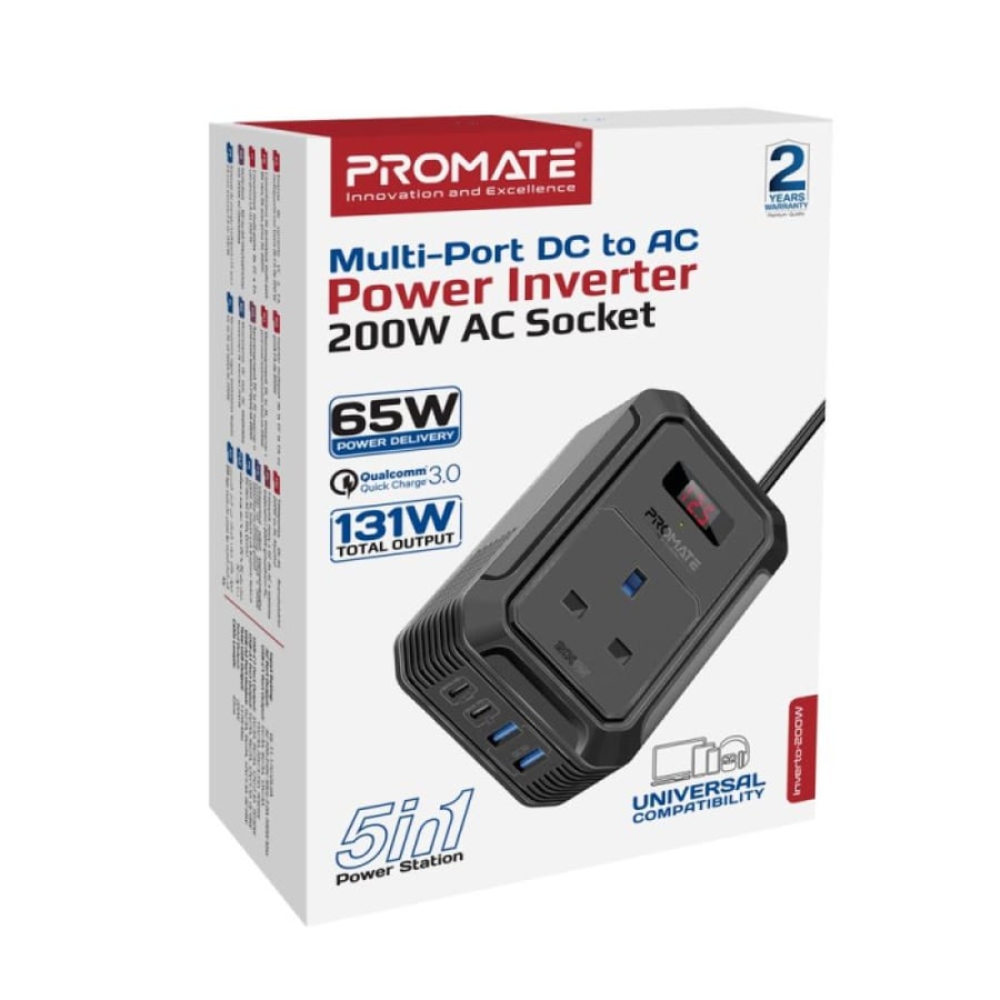 Multi-port power converter from direct current to alternating current with a 200W AC outlet, a 65W USB-C port, a 30W USB-C port, two USB-A ports with 18W QC technology, with an LCD screen
