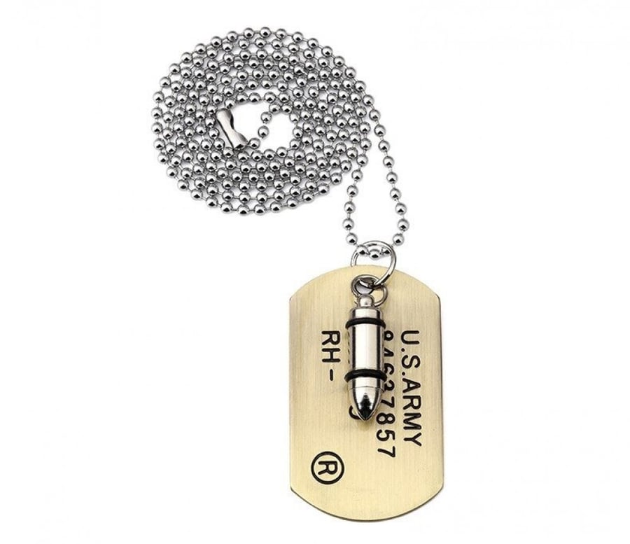 Men's bullet chain - bullet with an identification metal piece for the soldier, gold color