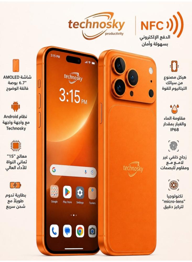 تكنو سكاي - جوال شبيه ايفون 17 بروماكس 1 تيرا بايت يدعم NFC - برتقالي