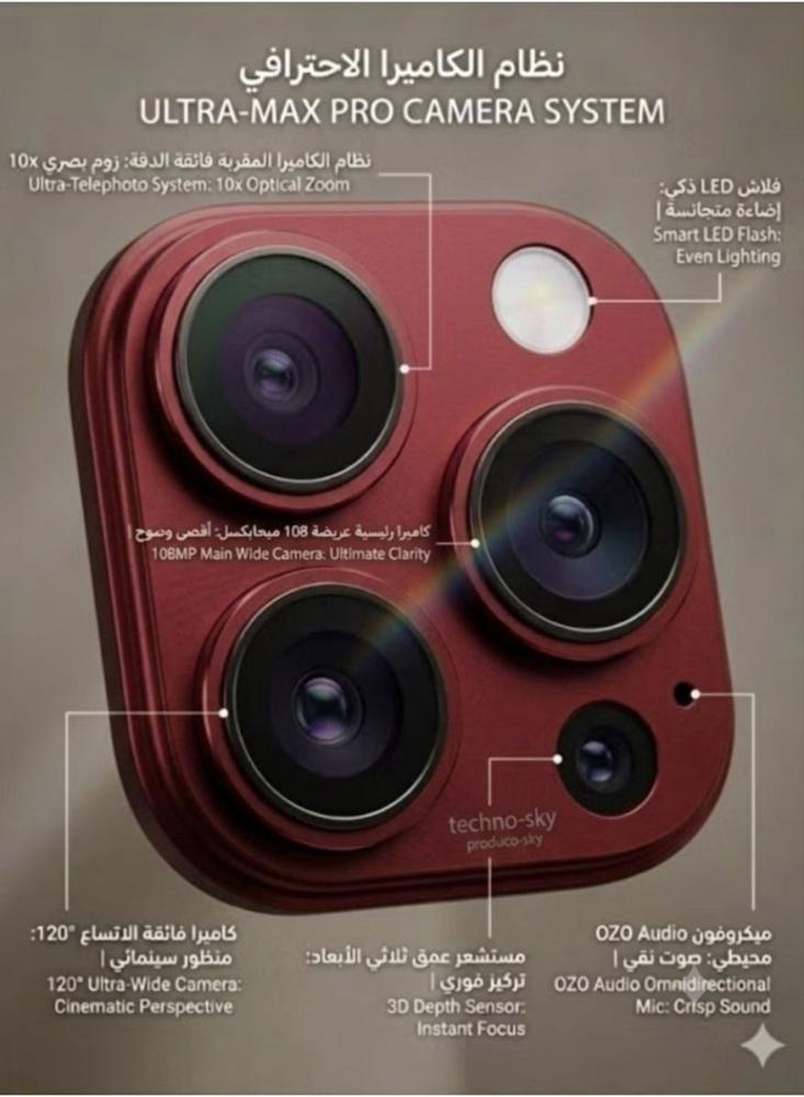 تكنو سكاي - جوال شبيه ايفون 17 بروماكس 1 تيرا بايت يدعم NFC - عنابي
