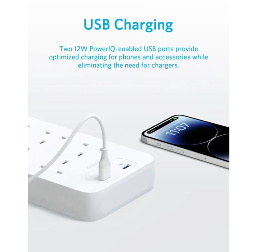 انكر - توصيلة بـ8 منافذ طاقة مع منفذين USB-A بطول 180 سم - ابيض