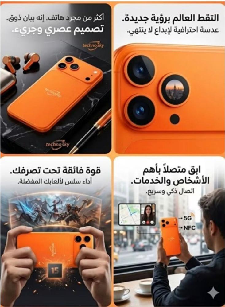 تكنو سكاي - جوال شبيه ايفون 17 بروماكس 1 تيرا بايت يدعم NFC - برتقالي