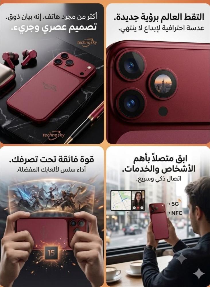 تكنو سكاي - جوال شبيه ايفون 17 بروماكس 1 تيرا بايت يدعم NFC - عنابي