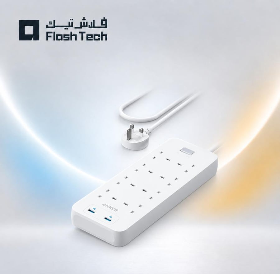 انكر - توصيلة بـ8 منافذ طاقة مع منفذين USB-A بطول 180 سم - ابيض