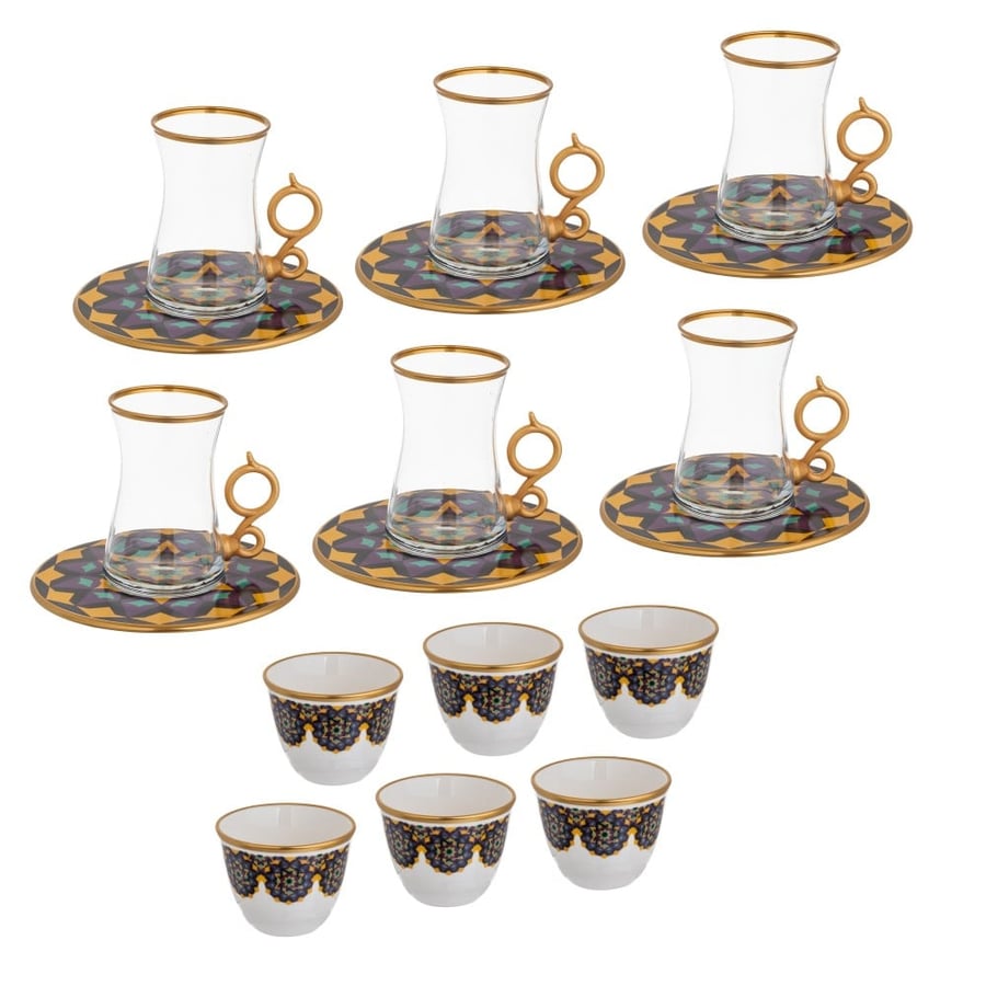Turkish glass tea and coffee set 18 pieces purple gold